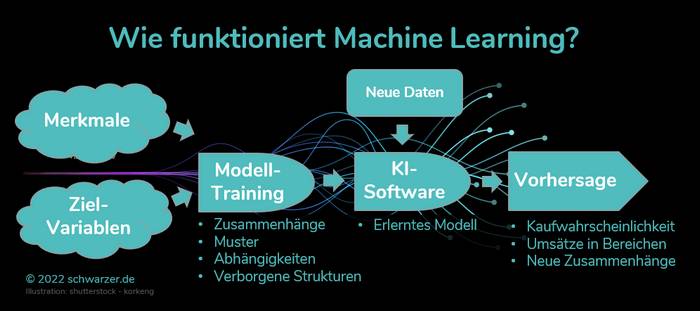 Infografik "Wie funktioniert Machine Learning?": Damit ML funktioniert, muss der entsprechende Algorithmus zunächst durch den Mensch trainiert werden.